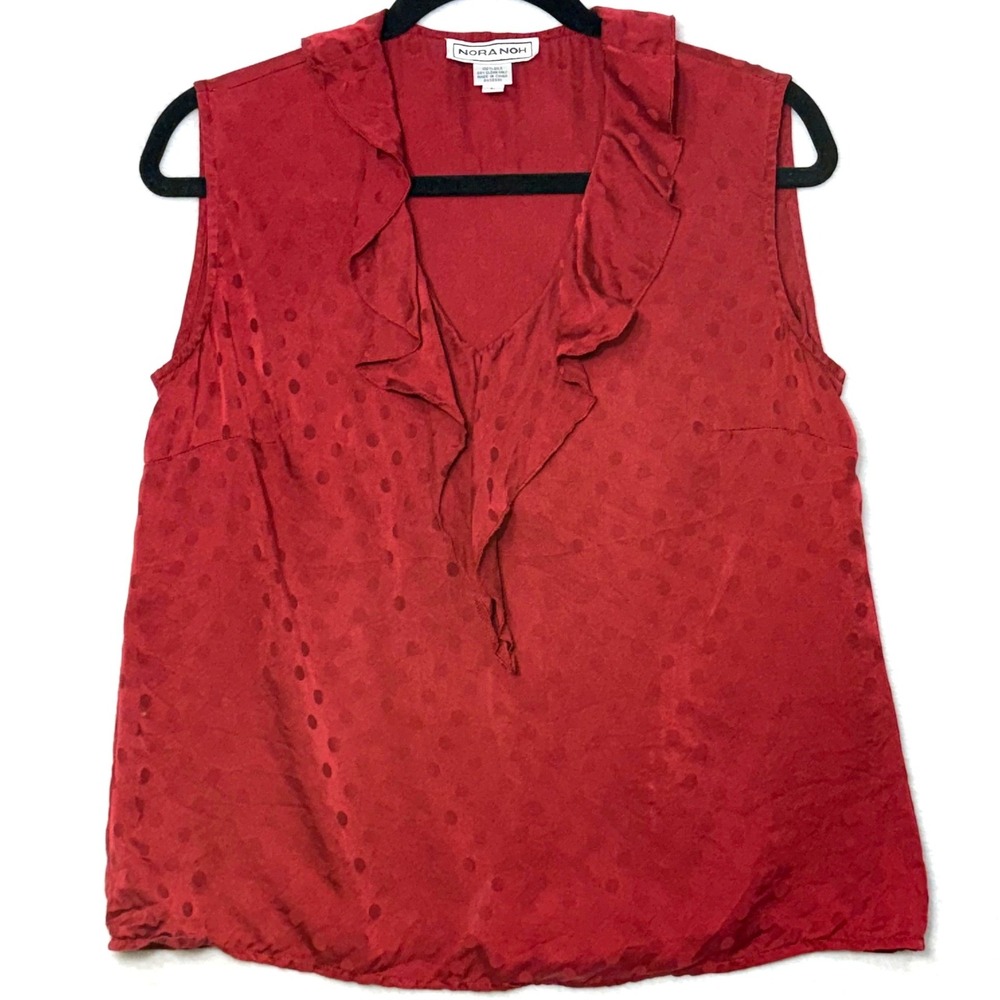 Nora Noh M 100% Silk‎ Ruffle Top Red Polka Dot Romantic Summer Office Designer